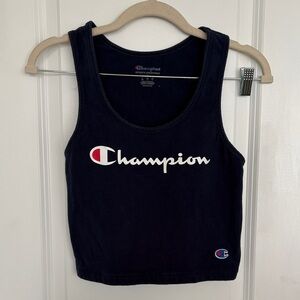 Champion Navy Blue Logo Tank Top with White and Red Accents - cropped